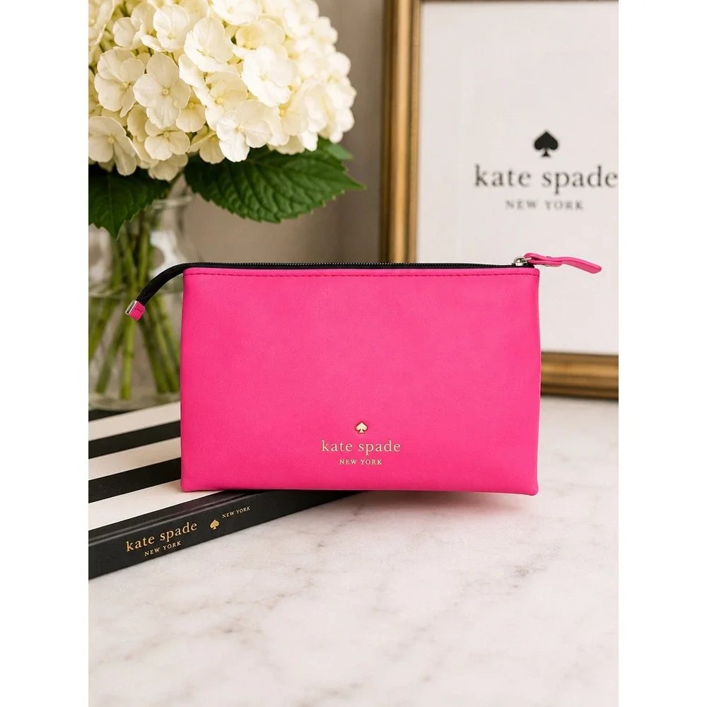 Kate Spade New York Hot Pink Winking Eyes Cosmetic Pouch Polka Dot Lining 8x4.5